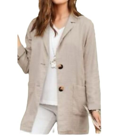 J.Jill Linen Chore Jacket Medium Petite | Lightweight Tan Beige Business Casual - Picture 1 of 13